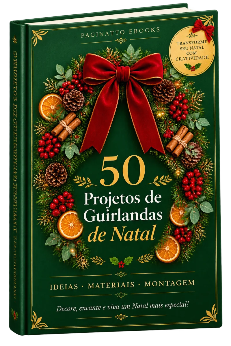 Mockup do e-book 50 Projetos de Guirlandas de Natal, com capa verde e guirlanda de pinheiro, laranjas desidratadas, pinhas e laço vermelho