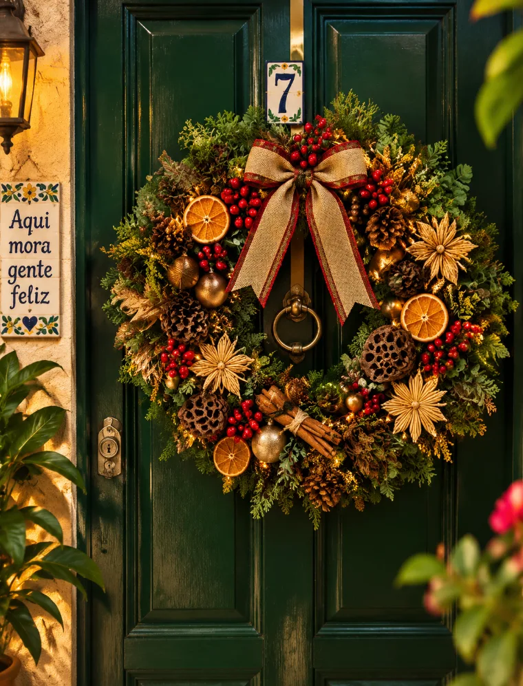 Guirlanda grande e volumosa com folhagens, bolas azuis e verdes, enfeites dourados e flores secas em uma porta preta